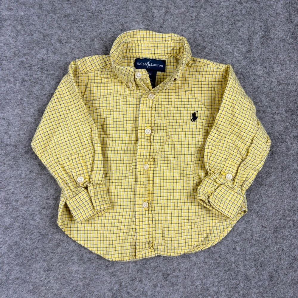 Ralph Lauren Button Down Shirt Boys 12 Months Yellow Plaid Long Sleeve Check